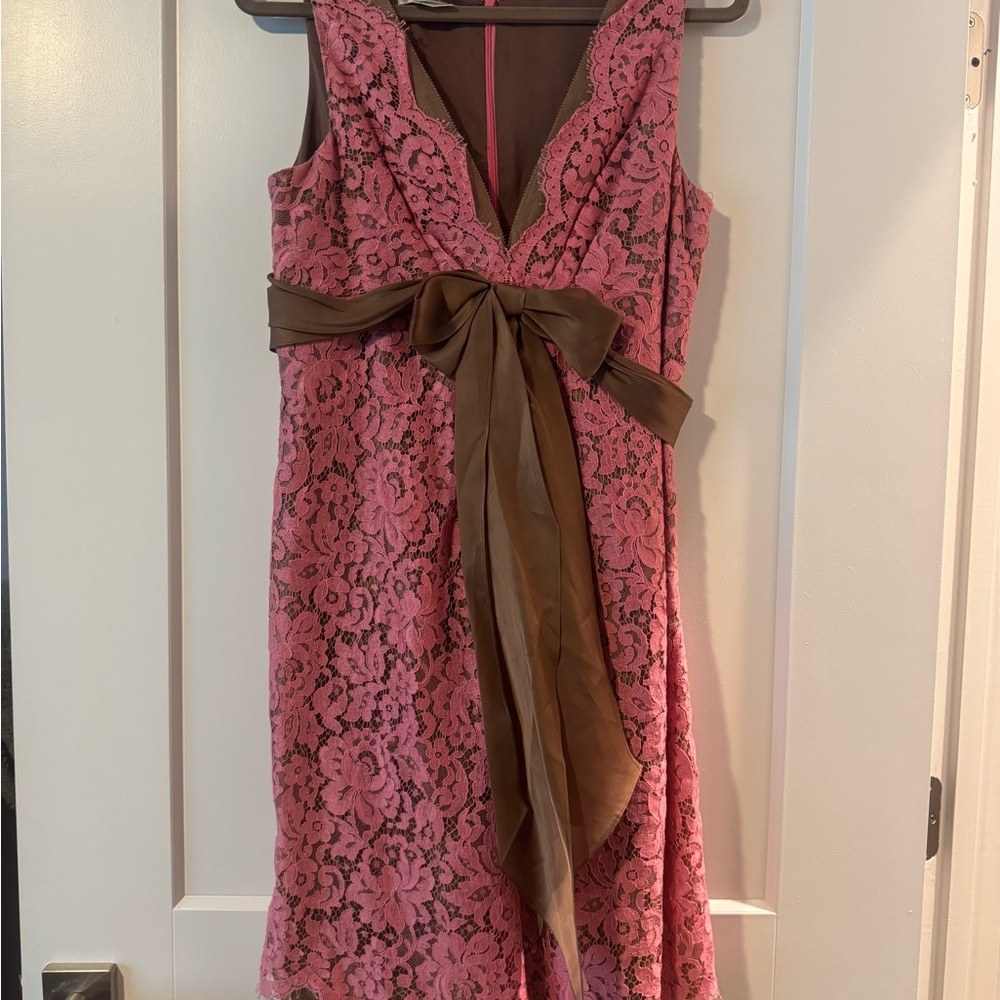 Kay Unger Pink Lace Mini Dress with Brown Sash